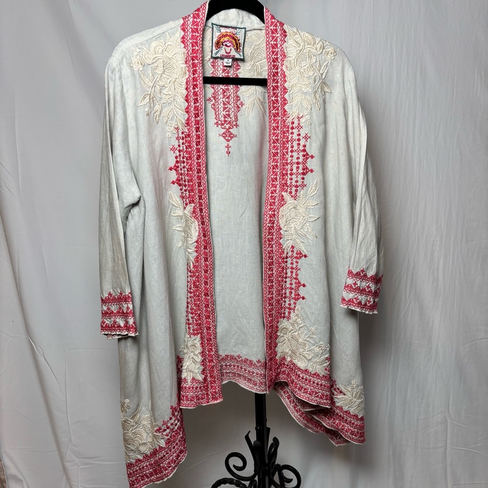 Johnny Was Camille Draped Kimono Embroidered Cardigan Size M Boho 100% Linen